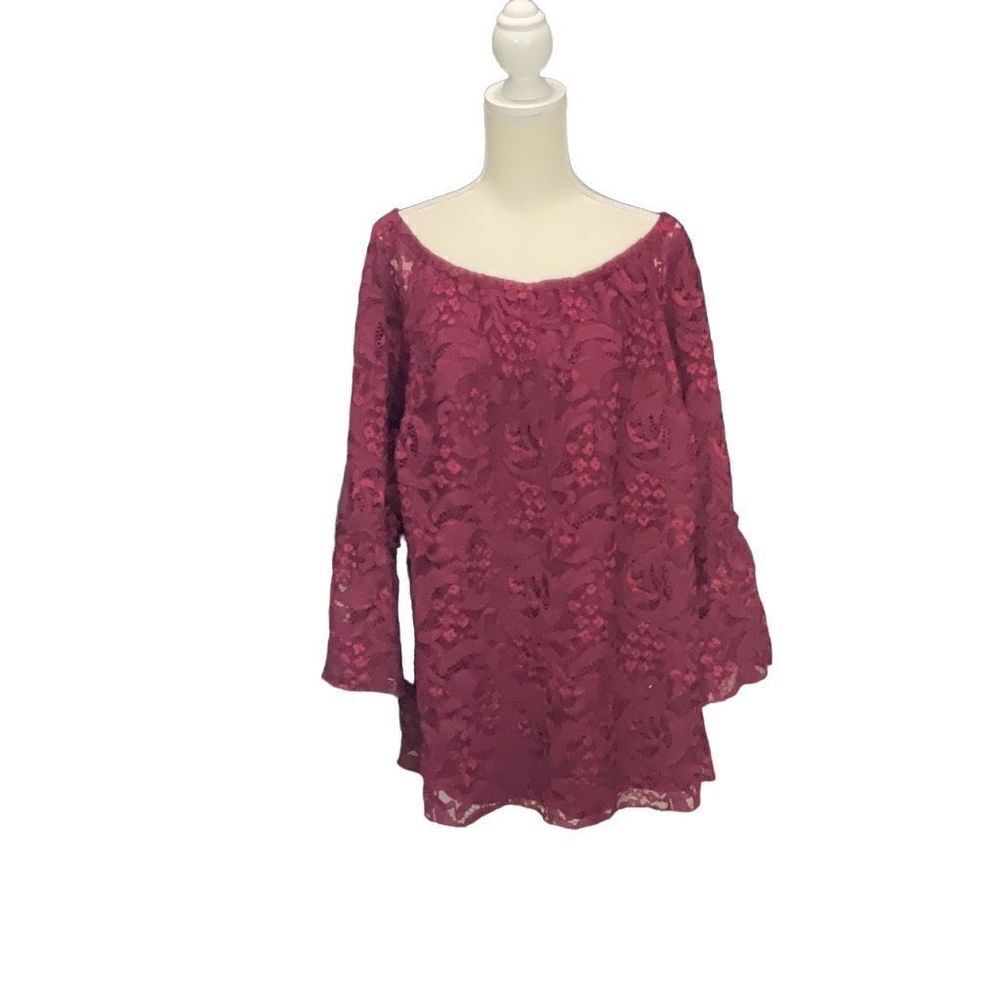 Catherine’s Lace Blouse Cranberry Off the Shoulder Bell Sleeves Lined Size 3X